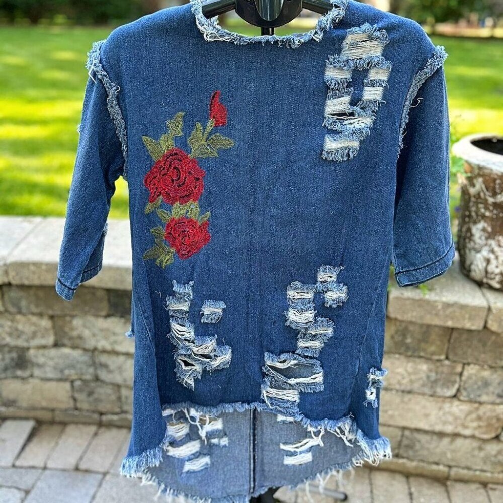 THRILL Denim Embroidered Distressed High-Low Mini Dress Size L - Picture 2 of 11